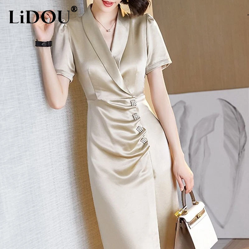 

2023 Summer Dresses Women's Elegant Fashion Chic Folds Buttons Bodycon Dress Ladies Short Sleeve Slit Temperament Robe Vestidos