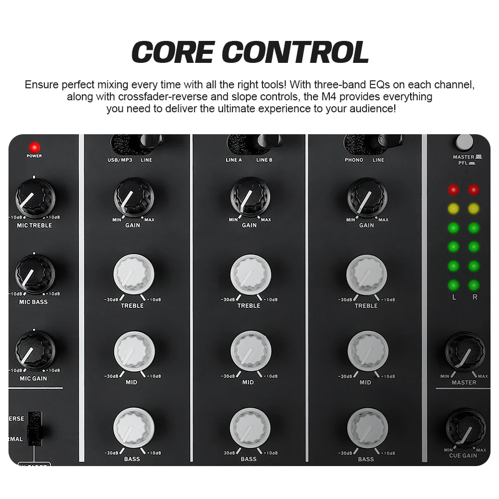 DGNOG 3-Channel DJ Mixer with Built-In Audio Interface 3-Band EQ Microphone Input and Replaceable Crossfader with Slope Control