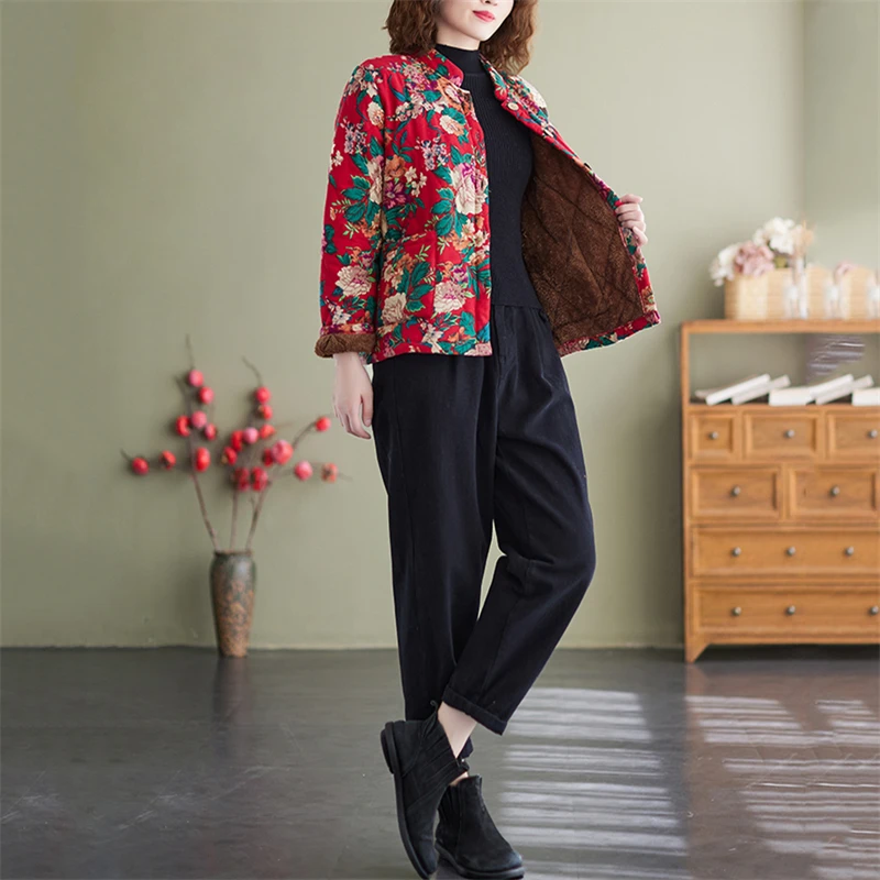 Winter Cotton Ladies Jacket Coat Ethnic Style Long Sleeve Vintage Single Breasted Women Casual Loose Floral Print Outerwear 2025