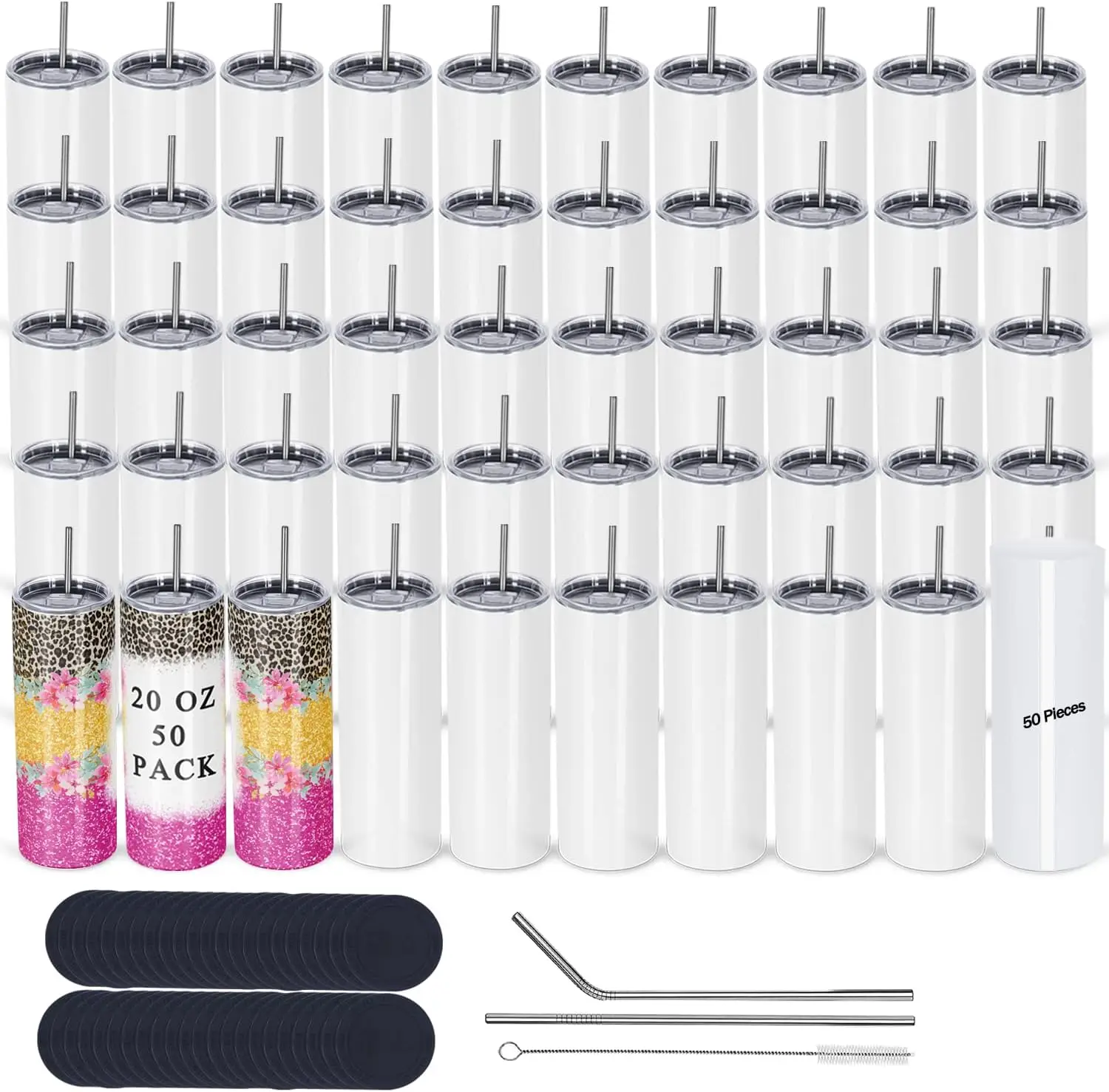 50 Pack Sublimation Tumblers Bulk 20 oz Skinny Straight,Stainless Steel Sublimation Blanks Skinny Tumbler Cups White