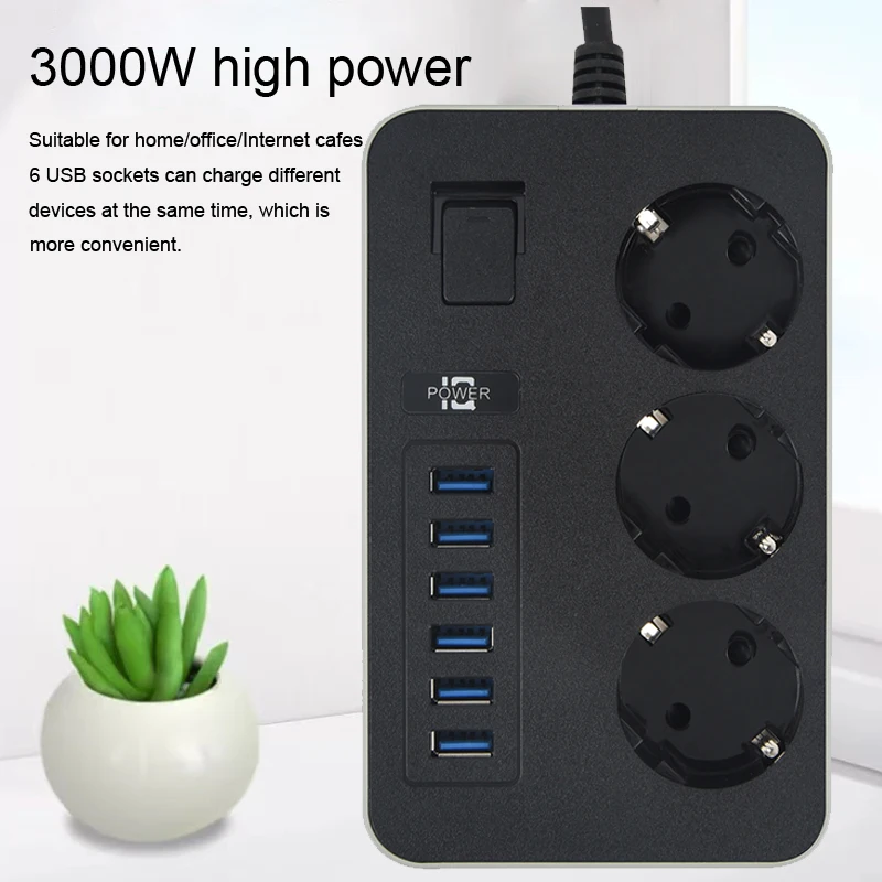 EU Plug AC Outlet Power Strip Multiprise Smart Home Extension Cord