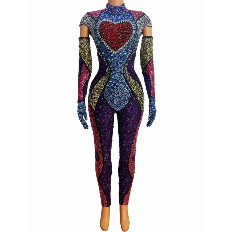 

Luxurious Full Colorful Rhinestones Jumpsuit Celebrate Outfit Evening Birthday Performance Stretch Costume Rompers