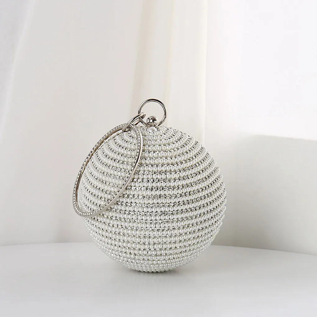 Luxury Round Chain Pearl Rhinestones Handbag Ladies Round Pearl Crossbody Shoulder Bag Gold Shiny Handbag and Purse