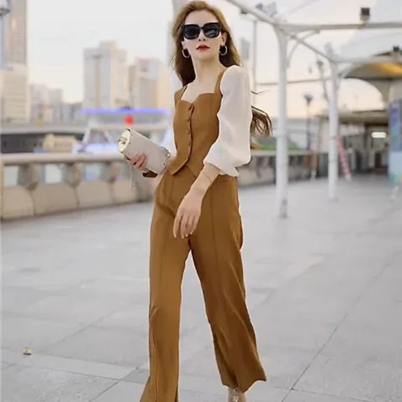 Temperament and Fashion Set Women's Patchwork Lantern Sleeves Wide Leg Pants Long Sleeves Temperament Two-piece Set