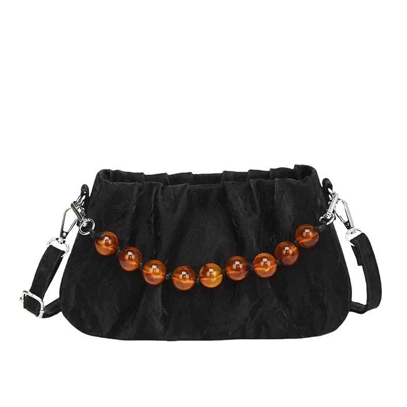 thumbnail image 1 of Bolso de hombro de PU sólido con cremallera para mujer joven, novedad de verano 2024, bolso cruzado portátil con volantes y cuentas de terciopelo de alta calidad., 1 of 5