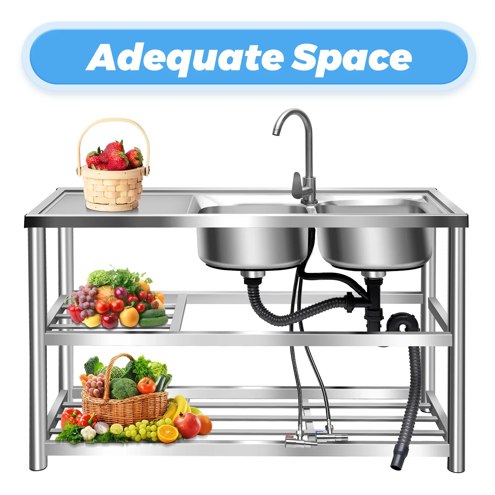 47.24x 17.72inch Stainless Steel Sink with Shelf Freestanding Commercial Restaurant Kitchen Sink Double Bowl with Tap&Drainboard 2