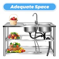 47.24x 17.72inch Stainless Steel Sink with Shelf Freestanding Commercial Restaurant Kitchen Sink Double Bowl with Tap&Drainboard 2