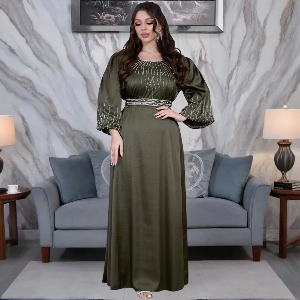 2025 Middle Eastern Dubai Women's Stylish Hotfix Diamond Belted Maxi Robe Evening Gown, Saudi Arabian Muslim Robe Long Dress 3