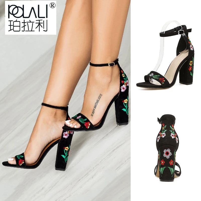 Sandalias con bordado de flores para mujer, de tacón alto de gladiador con punta abierta, Sexy, color negro, talla 35 43, novedad|Sandalias de mujer| - AliExpress