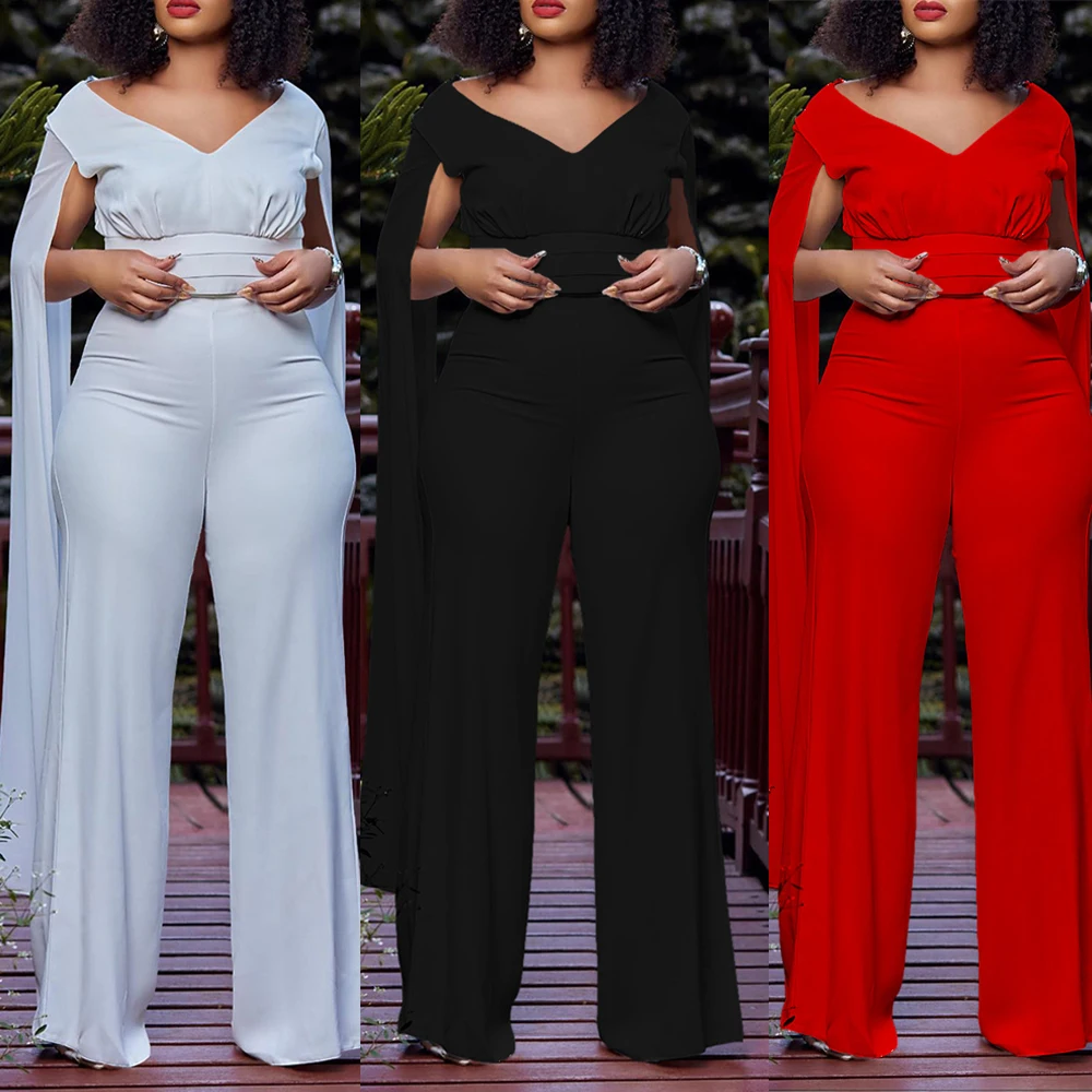 

Fashion 2023 Summer Women Cape Sleeve Crop Top Wide Leg Pants Two Pieces Set African Ankara Dashiki Outfit Tracksuit Solid Color