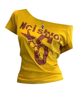 Y2k Sport Summer Off shoulder Top Women Sexy Vintage 2000s Short sleeve T shirt  Lady Body Basic Crop Top Female Casual 1