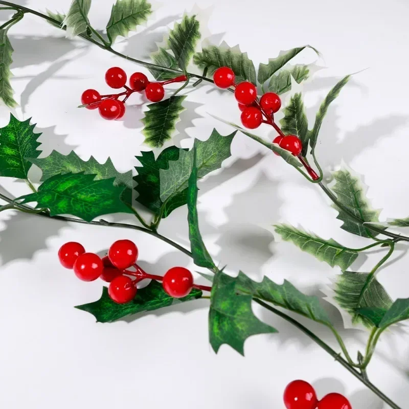 Artificial Plants Christmas Holly Berry Vines Fake Green Leaves Hanging Garlands with Light Strings for Home Party Xmas Decor