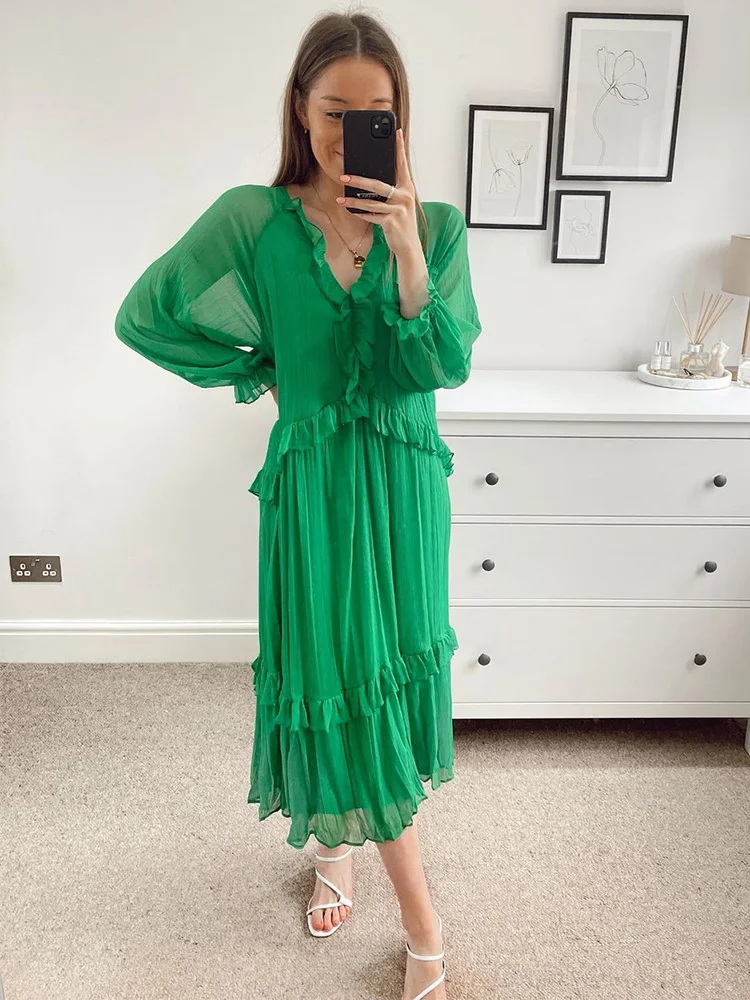 Dresses For Women 2022 Elegant Ruffle Trim Green Flowy Midi Dress Spring  Autumn Woman Clothes V Neck Long Sleeve Casual Dress - Dresses - AliExpress