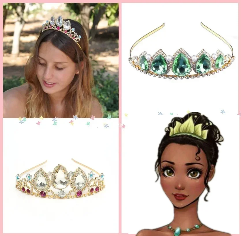 Women/Children Princess Tangled Colorful  Crystal Tiaras Crown Girl Frog Princess Tiana Green Rhinestone Headbands Crown