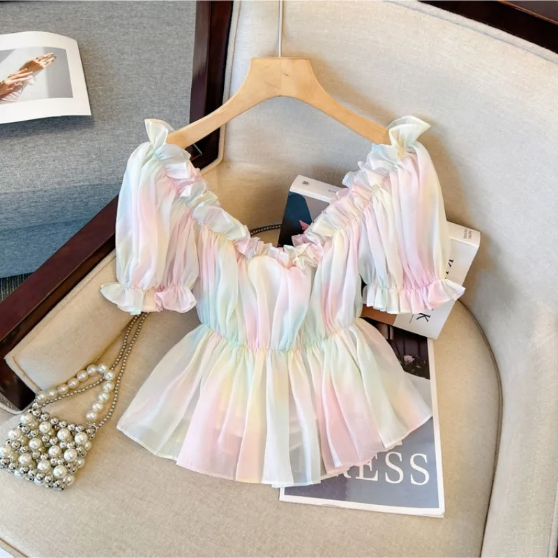 

Women's One Shoulder Pleated Shirt, Bubble Sleeved, Short Sleeved, Sweet Spicy Girl Shirt, A Waistband Design, Summer