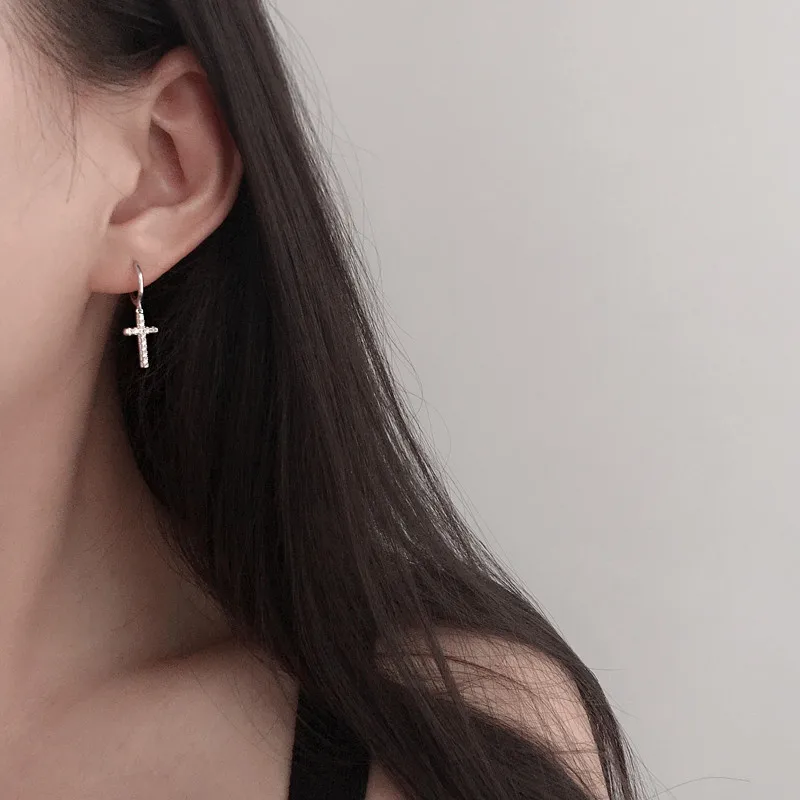 Pendant Earrings Cross Earrings REETI Fashion Silver Color Cross Zircon Pendant Earrings Women Men Hop Piercing Personality Earrings Party Jewelry