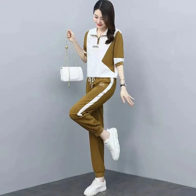 2023 Summer New Fashion Sports Leisure Suit Korean Style Loose Splicing Short Sleeve Tops Pencil Pants 2 Two Piece Set For Women