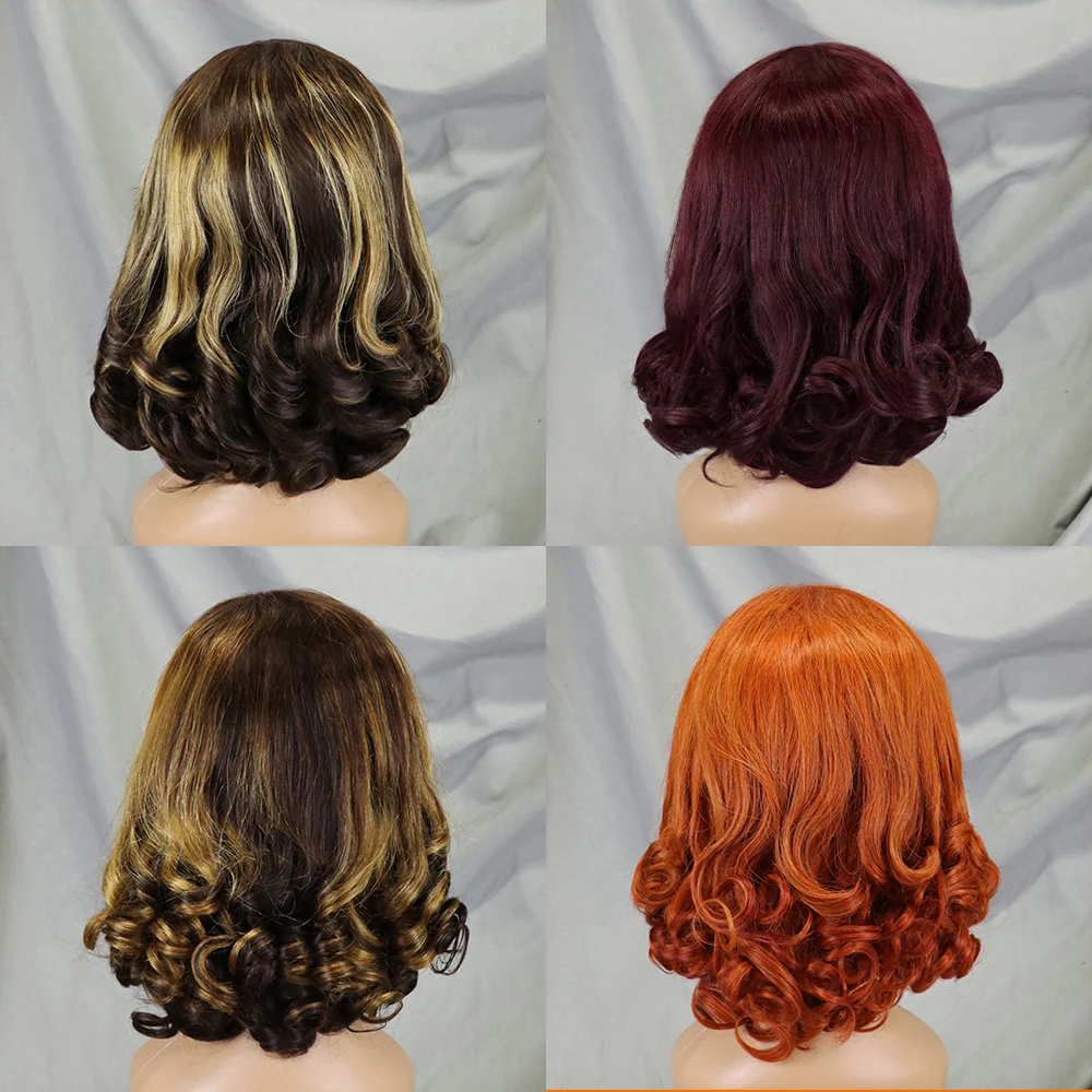 200% Density 14 Inches Loose Wave Fumi Bouncy Curly Wigs Real Human Hair  Double Drawn Hair Wigs 13x4  Lace Frontal Wigs