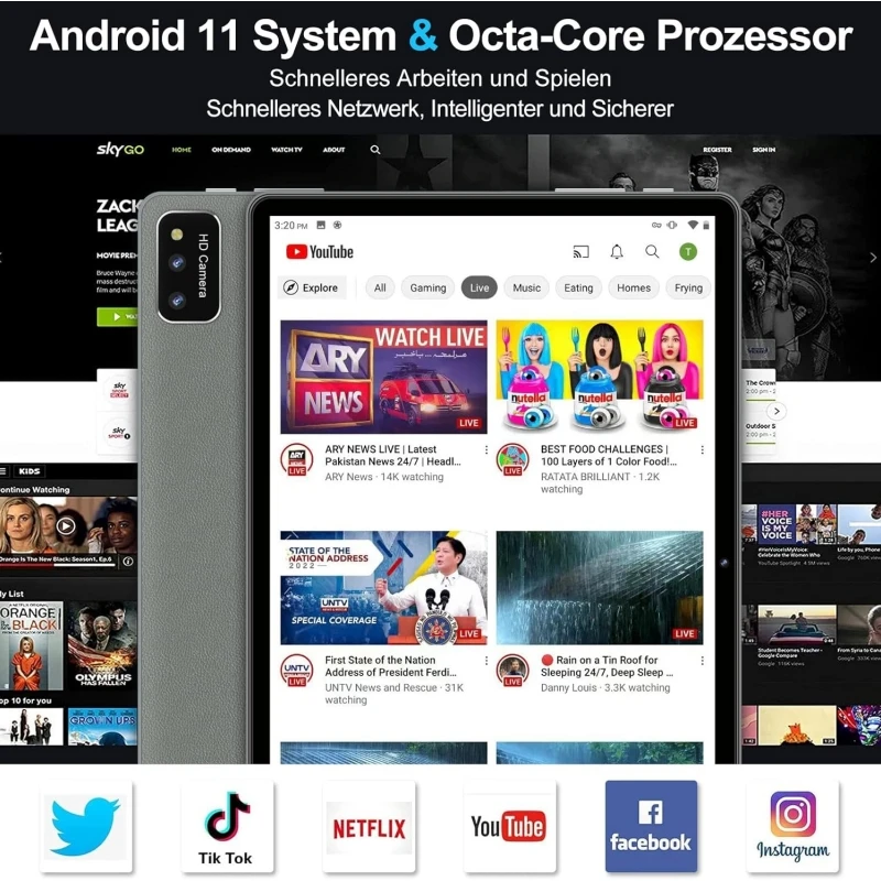 T10 10.1” Android 11 Tablet PC 4GB RAM 64GB ROM Octa-Core 1280 X 800 Pixels 5.0MP+8.0MP Cameras Type-C WIFI Bluetooth 5.0