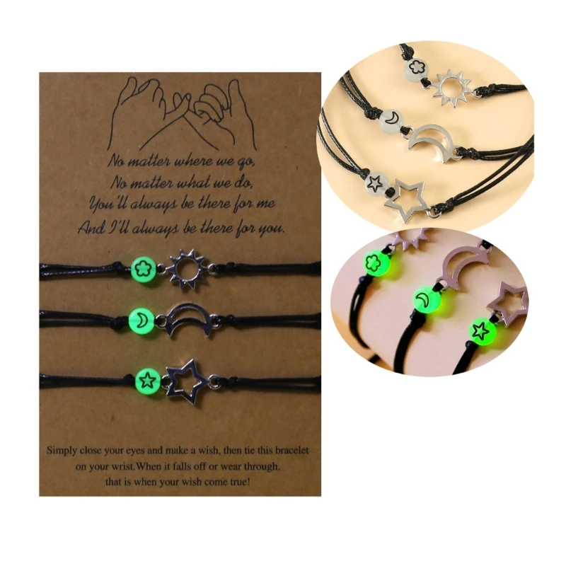 Moon Star Luminous Bead Bracelet Relationship Woven Bracelets Adjustable Friendship Jewelry for 3 Best-Friend fashion bracelet fashion jewelry
