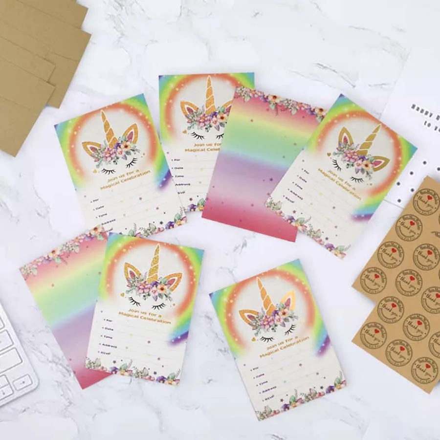 Unicorn Party Invitation Set Rainbow Unicorn Cards Envelopes and Stickers Ideal Baby Shower wedding party 10PCS greeting cards wedding invitations