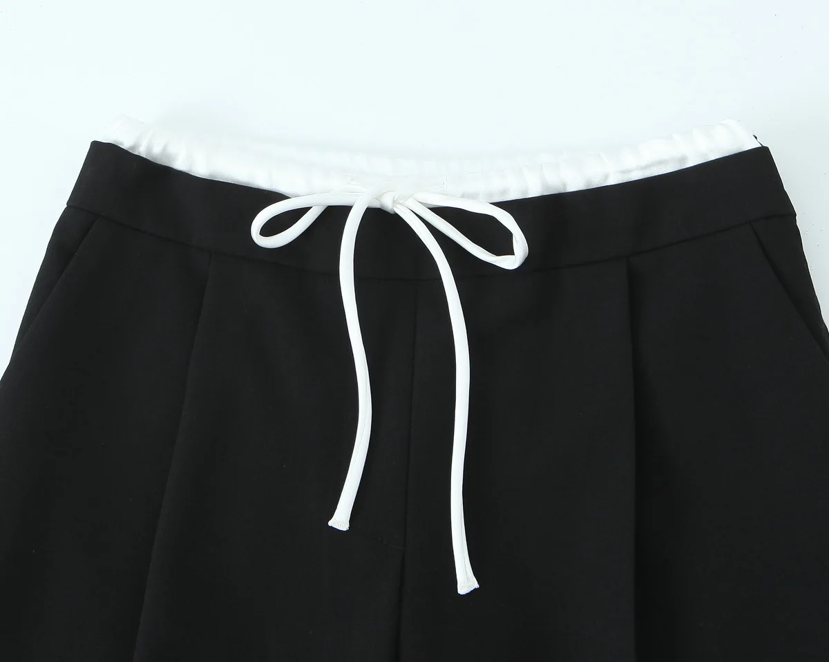 Splicing Design Solid Color Pants Women Fashion Simple Elastic Waist Lace Up Trousers Lady All-match Commuting Straight Pant New