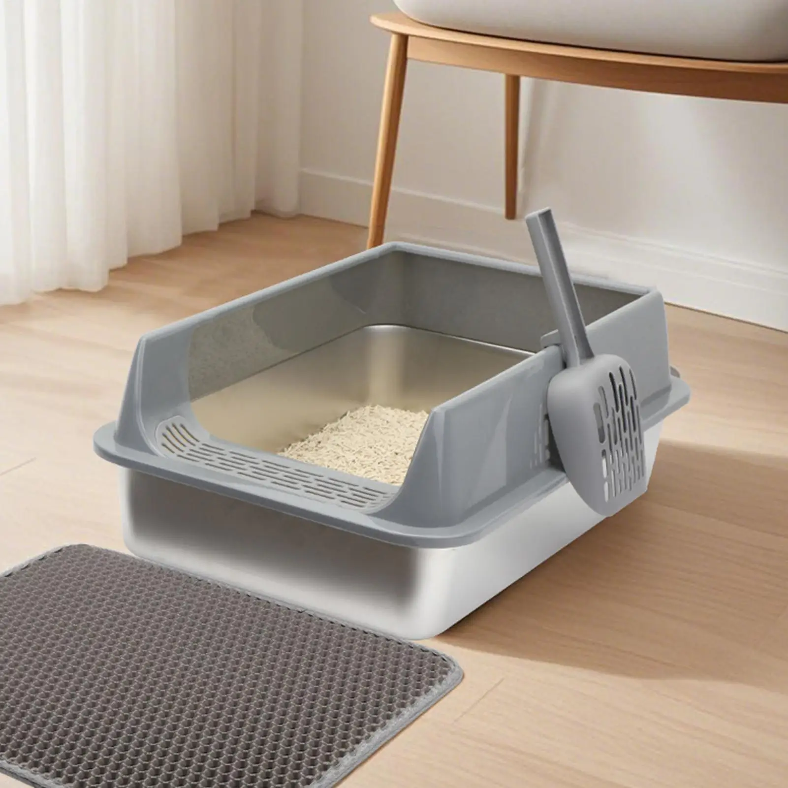 Cat Litter Box Semi-enclosed Splashproof Easy Clean Semi Enclosed Cat Toilet with Scoop Cat Toilet Cleaning Basin Tray Supplies
