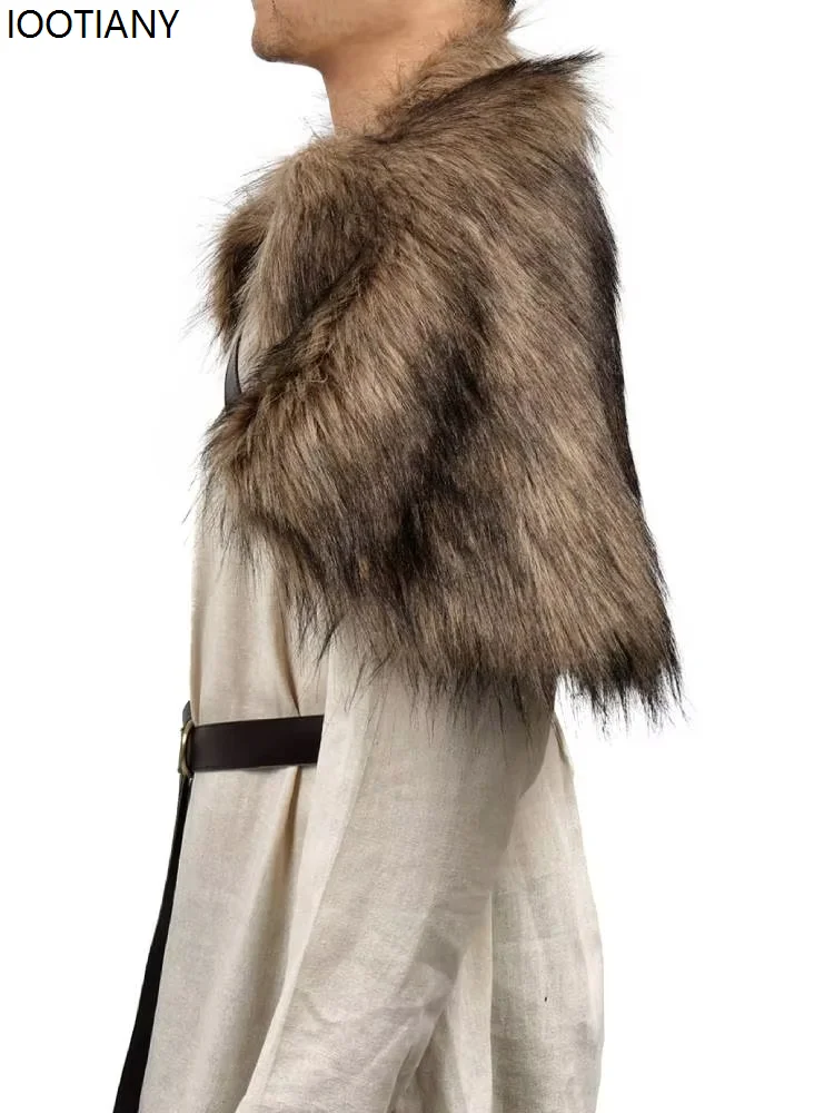 IOOTIANY Halloween Barbarian Cosplay Shoulder Cloak Chest Strap Medieval Men Viking Fur Cape Faux Fur Cape Scarf