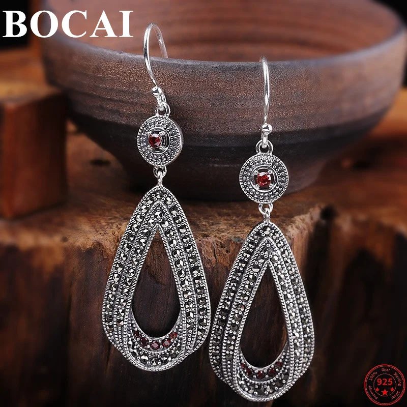 

BOCAI 100% S925 Sterling Silver Earrings Thai Silver Garnet Marcasite Fashion Jewelry Pure Argentum Women's Gemstone Ear Drop