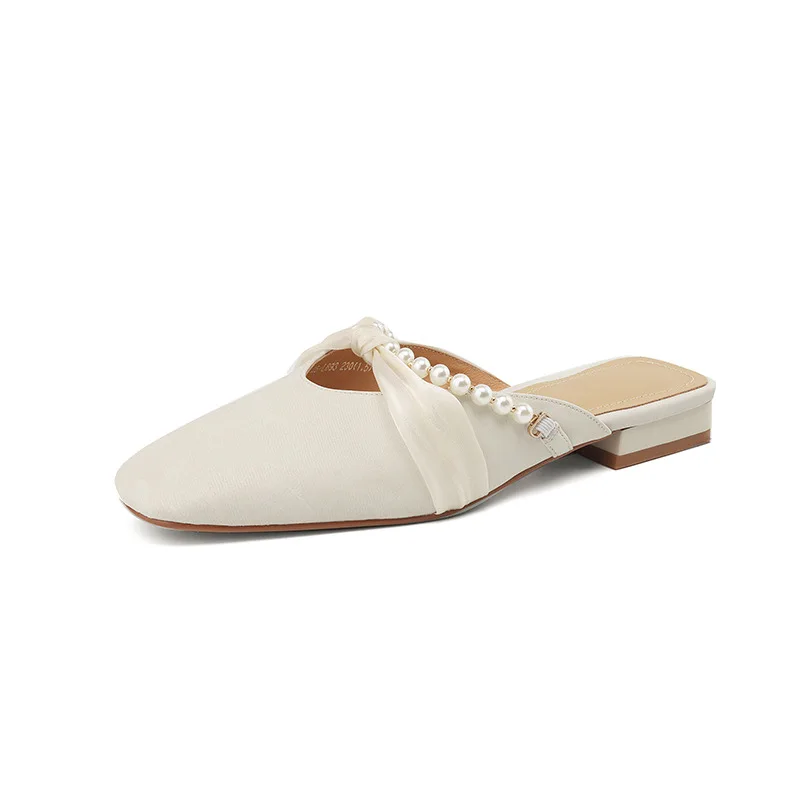 

Pearls Decoration Mules Silk Leather Sandals Low Heel Square Toe Slippers Cover Outerwear Sandalias De Mujeres En Oferta Planas