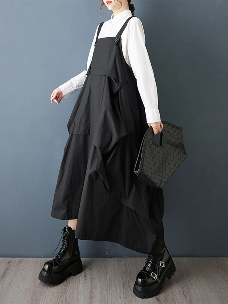 2025 Spring Autumn New Black Vintage Straps Dresses For Women Sleeveless Pleated Loose Casual Dress Robe Elegant Fashion Clothes