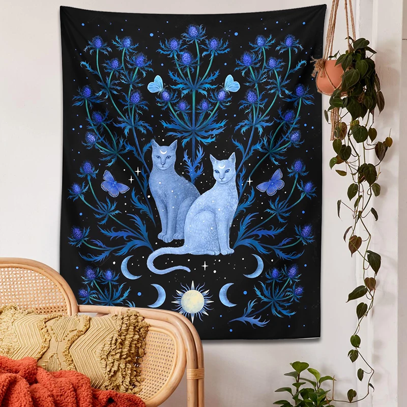 Cat Tapestry Wall Hanging Tapestry Decorations Psychedelic Moon Sun Moth Cat Leaf Flower Divination Occult Home Wall
