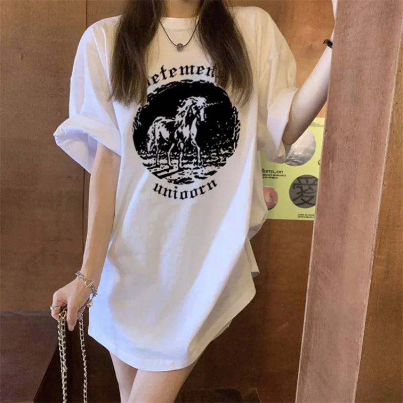 

2024 New Summer American Retro Simplicity T-shirts for Women Chic Oversized High Waist Print O Neck Short Sleeve Y2K Chic Tops