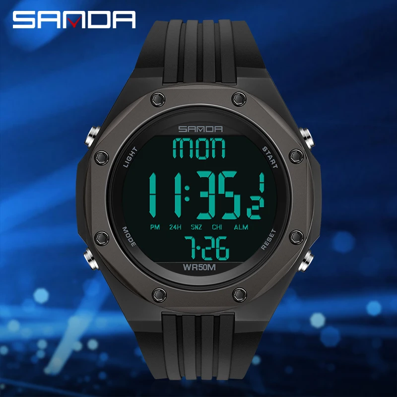 SANDA Men Outdoor Sports Multifunctional Electronic Watch LED Digital Display Military Watches 5ATM Waterproof Timer Alarm Clock