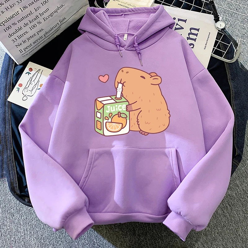 Cute Capybara Drinking Orange Juice Hoodies Moletom Feminino Kawaii Women/Men Hooded Pullovers Sudaderas Girls Kawaii Clothing