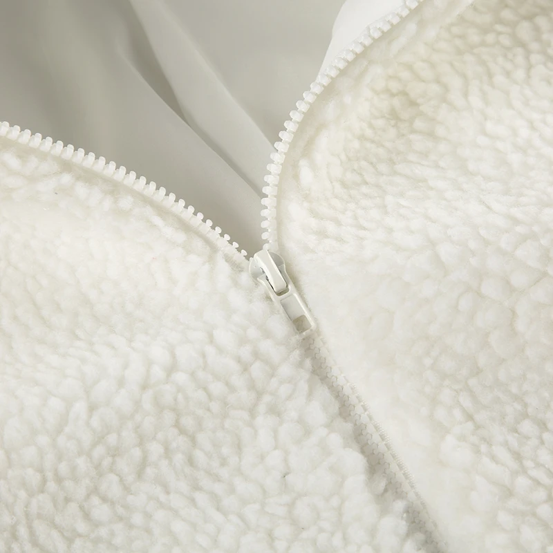 Turtleneck Buckled Hooded Coat Faux Lamb Wool Thick Warm Fashion White Zipper Jacket Women Streetwear Outfits Winter