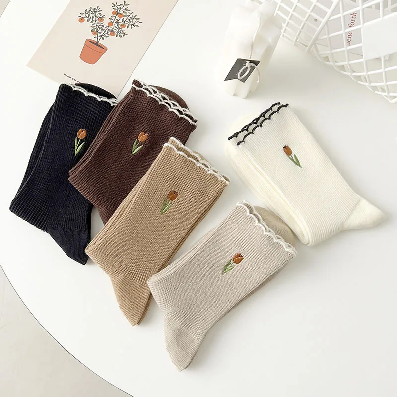 Spring and Autumn Tulip Embroidery Women's Mid-tube Socks Solid Color Socks Maillard Color Casual High Appearance Level Socks