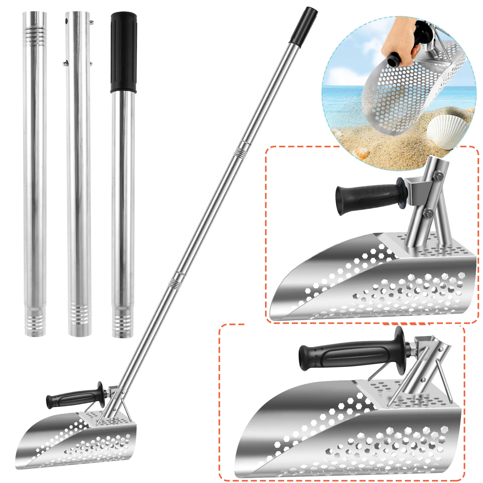 Metal Detecting Shovel Heavy Duty 304 Stainless Steel Removable 140cm Length Handle Rustproof for Beach Treasure Hunting