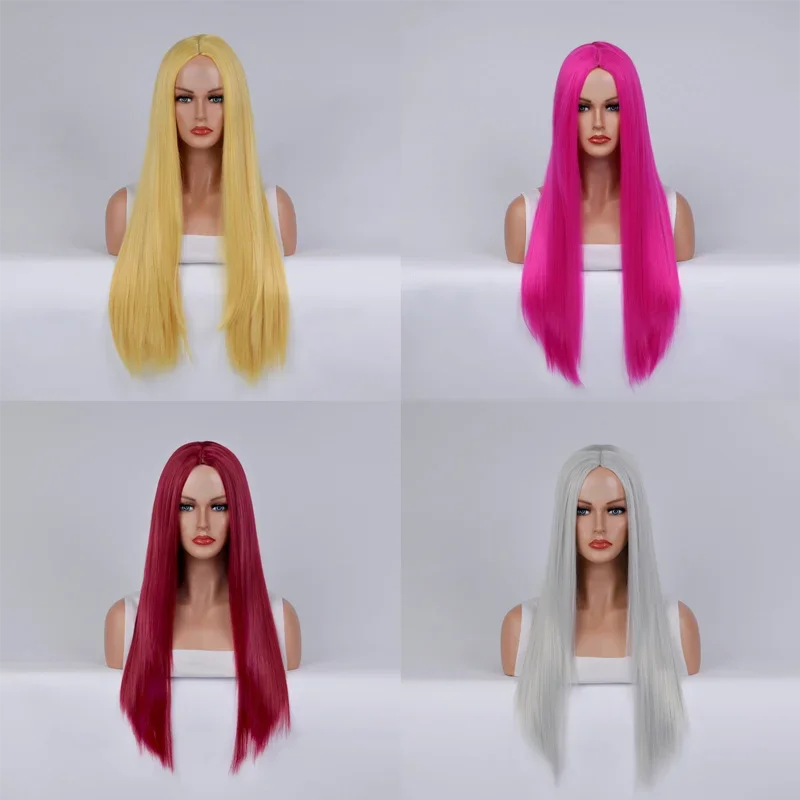 Synthetic Pink Long Straight Wig Middle Part Silky Soft Fashion Cosplay Party Costume Lolita Heat Resistant Daily Use