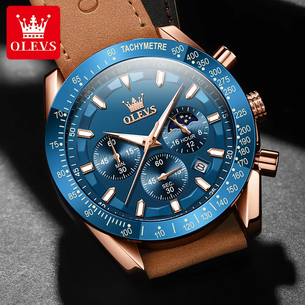 OLEVS Sports Chronograph Quartz Watch for Men Leather Waterproof Luminous Date Moon Phase Mens Watches Top Brand Luxury Clock