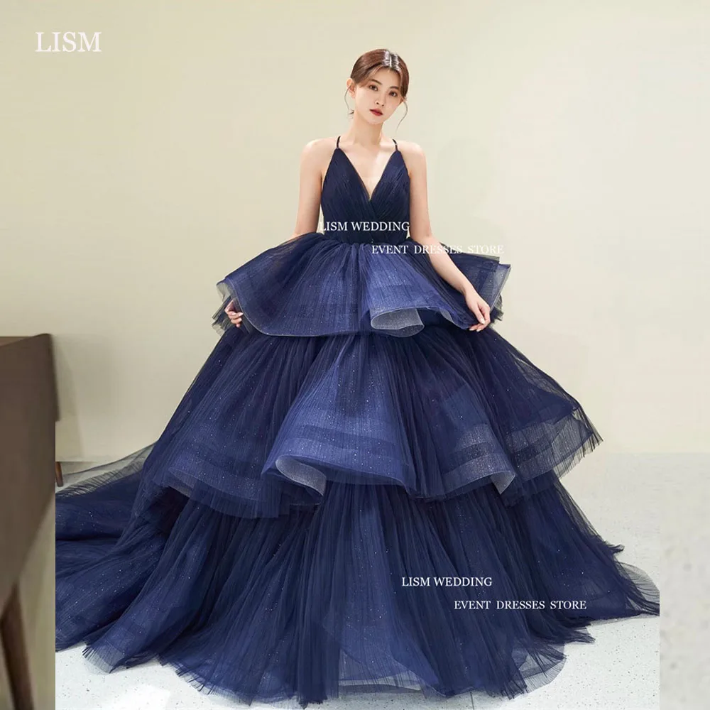 

LISM Navy Blue Tulle Evening Dresses Korea Photo Shoot Spaghetti Strap Tiered Ruffles Floor Length Formal Occasion Dress 2024