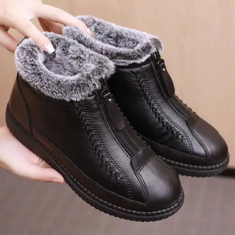 

Fashion Ladies Cotton Shoes Winter Warm Plush Female Ankle Boots Thicken Fur Mom Flats Shoes Non-slip Leather Short Booties