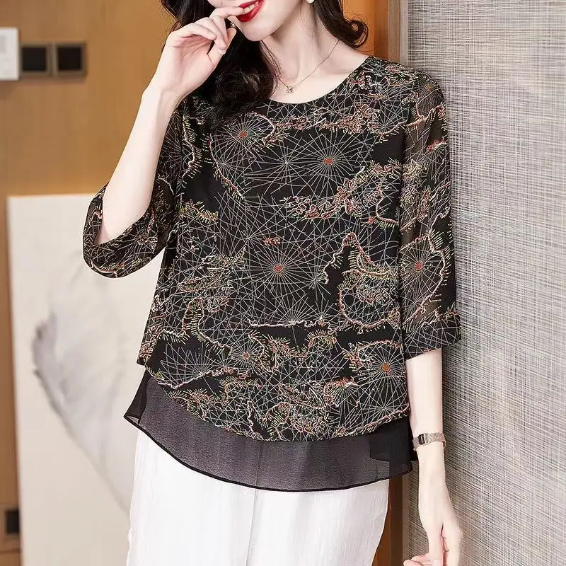 Thin Summer Loose Fake Two Pieces Women's Clothing Casual Elbow Sleeve Blouses Round Neck Printing Elegant Fashion Spring Korean