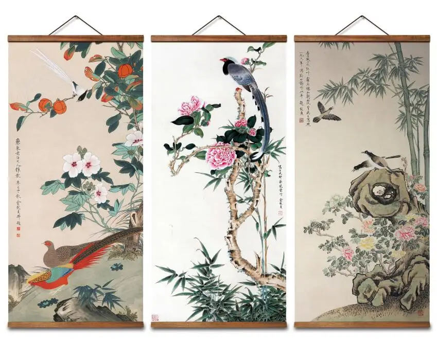 

MT0107 Chinese Style flowers and birds Decorative Wall Art Posters Solid Wood Scroll Paintings