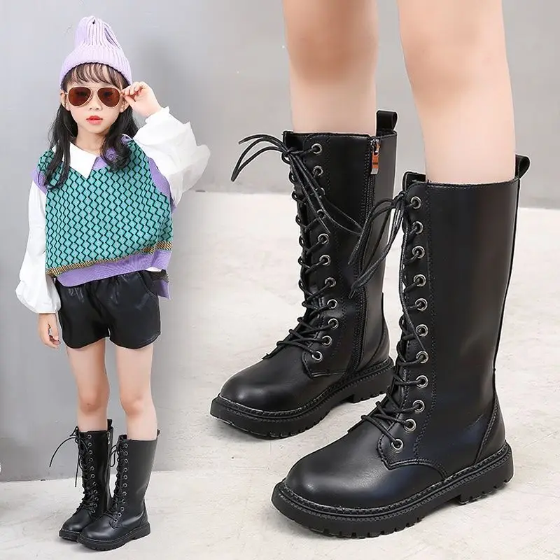

Kids Leather Boots Girls High Mid-Calf Fashion Western Knight Boots New 2024 Winter Short Plush Warm Boots Princess Casual Shoes