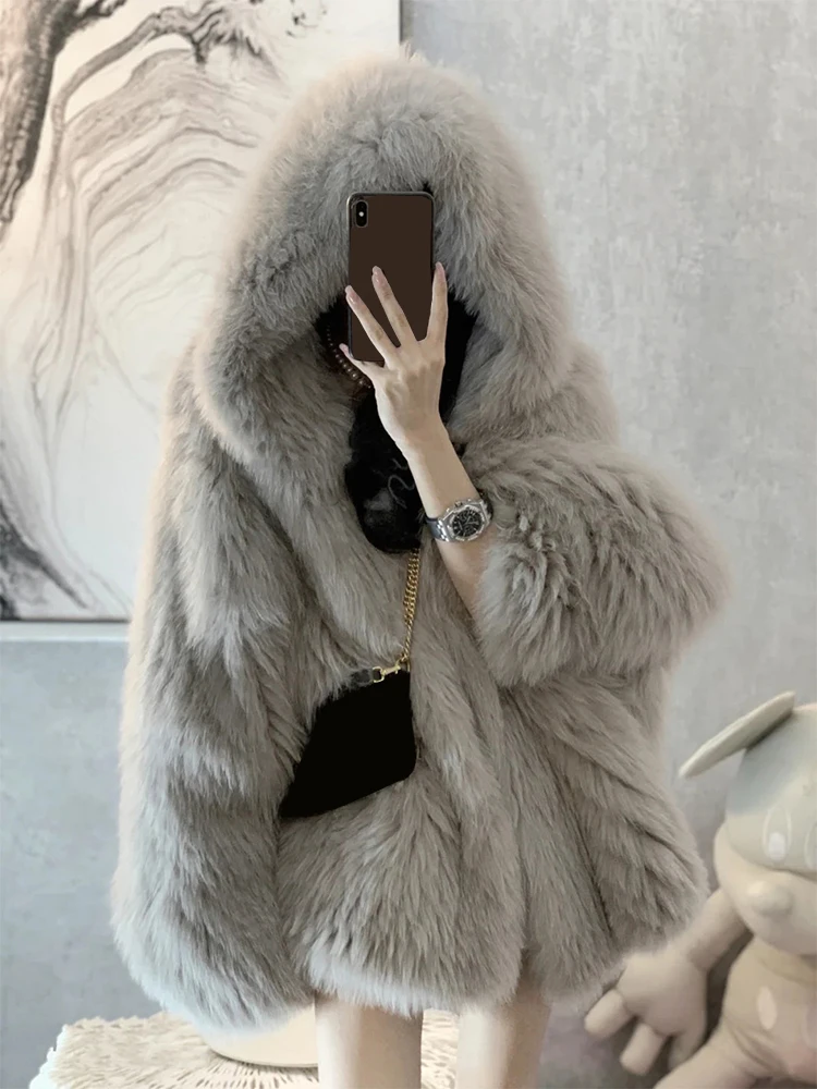 

Gray Fur Coat Women 2023 Winter Hooded Faux Fox Fur Coat Artifical Furry Coats and Jackets White Fluffy Jacket Manteau Femme