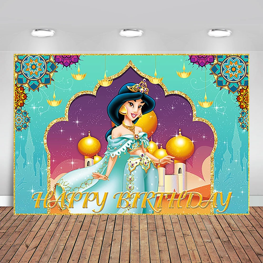 

Принцесса Жасмин фон для дня рождения принадлежности для вечеринки Aladdin Фото фоны Aladdin тема, детский душ баннер для дня рождения
