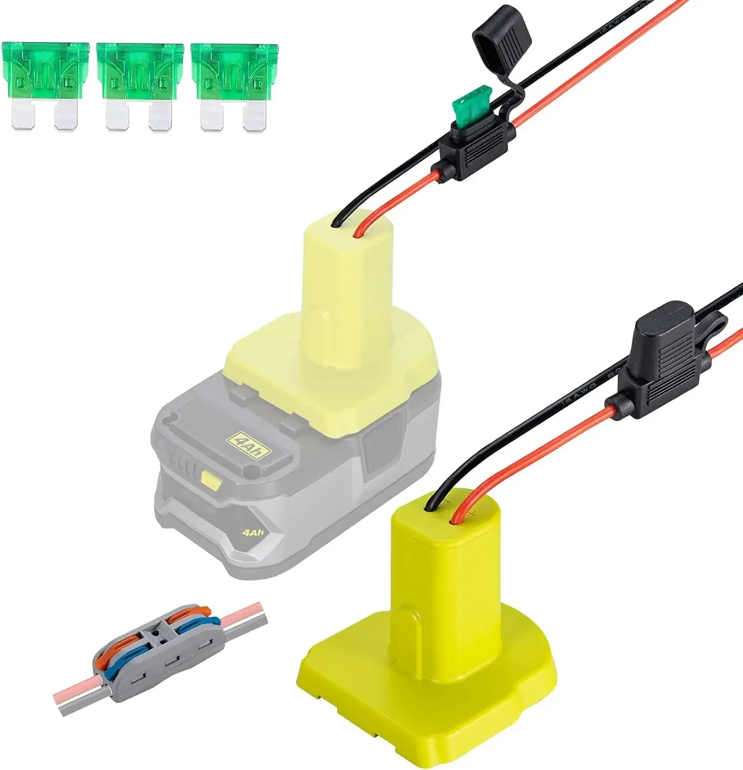 Power Wheel Adaptor for Ryobi 18V Battery with 30A Fuses & Wire Terminals 14AWG Wire Connector for Rc Car Toys Rc Truck & DIY positive and negative anodes fuse block box transparent cover fuses holder with led indicator light for car marine boat remoulded use 6 way 12 way optional