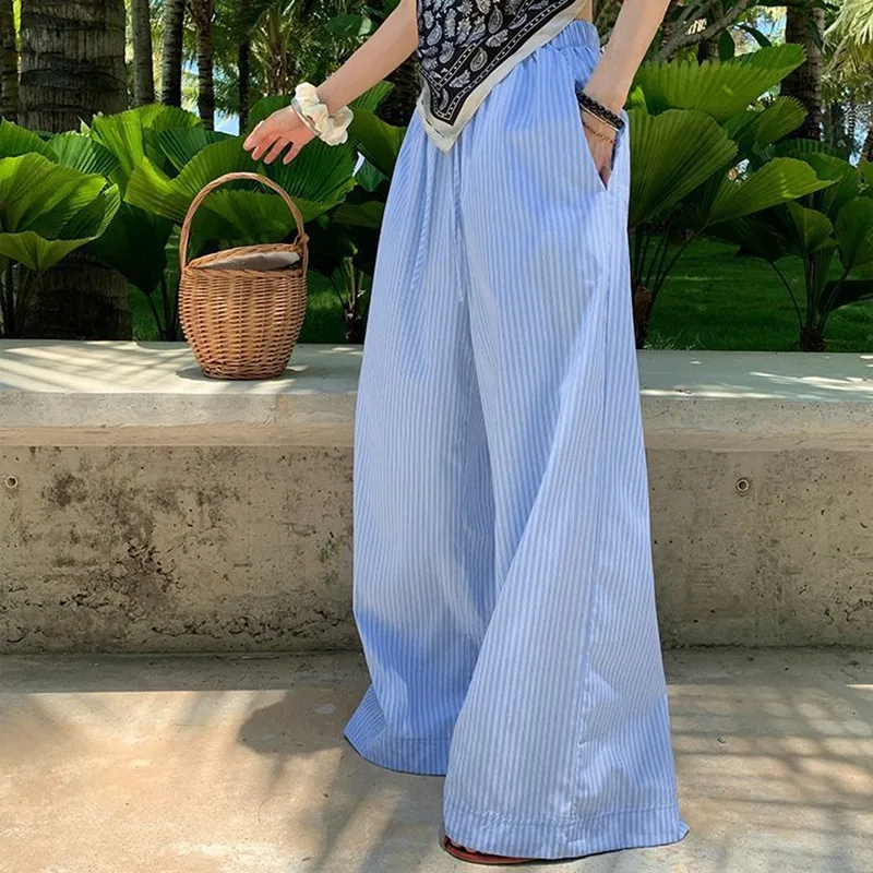 

Blue Vertical Stripe Wide Leg Pants Women's Clothes Summer Thin Elastic High Waist Loose Slimming Trend Casual Trousers S-4XL