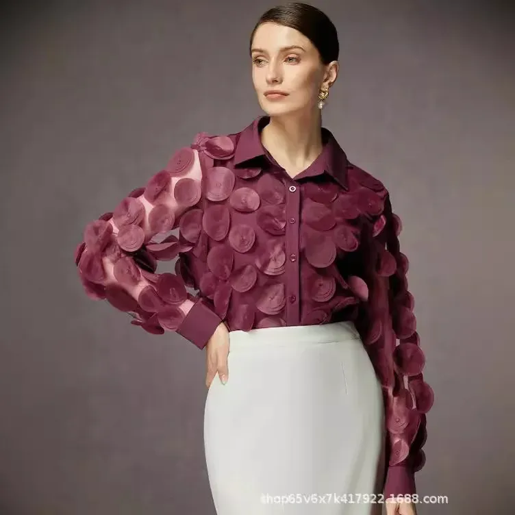 Fashionable Spring Summer Women's Shirt Elastic Pleated Sleeves 3D Floral Design Chiffon Fabric Button up Casual Wear